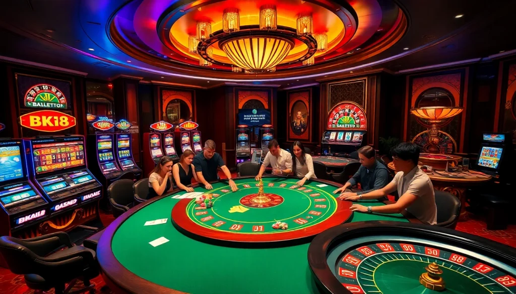 Players enjoying a thrilling poker game at BK8 casino, surrounded by vibrant slot machines and luxurious decor.