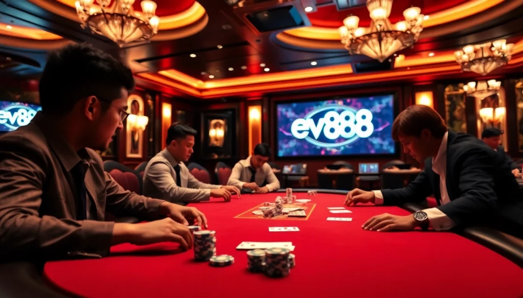 Enjoying high-stakes poker at Ev88 casino, featuring luxurious decor and thrilling gameplay.