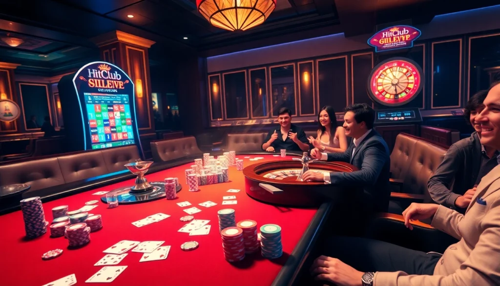 Players enjoying a thrilling game at Hitclub casino, with poker chips and roulette wheel.