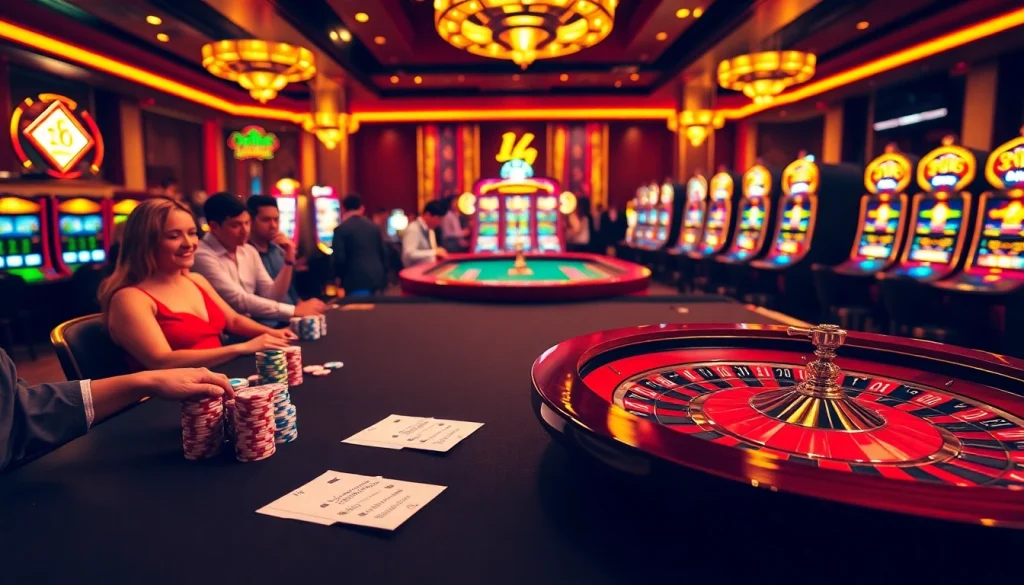 שחקנים מהמרים סכומים גבוהים על שולחן קזינו יוקרתי עם משחקים תוססים וצבעים עשירים.