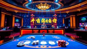 Tài xỉu online game setting with vibrant casino atmosphere showcasing dice and poker chips.