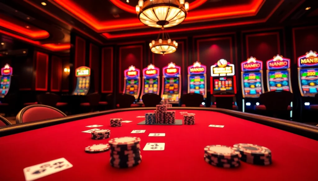 Exciting gaming experience at Man88 casino with poker chips and vibrant slot machines.