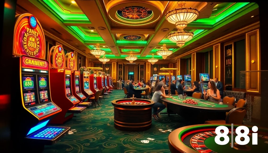 Exciting casino gaming atmosphere featuring 88i with poker chips and slot machines.