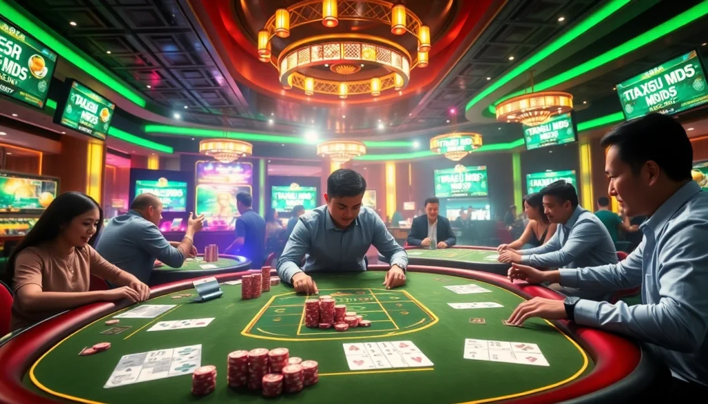 Tài Xỉu MD5 players immerse in a dynamic online casino experience at https://taixiumd5.world, showcasing excitement with vibrant tables and transparency.
