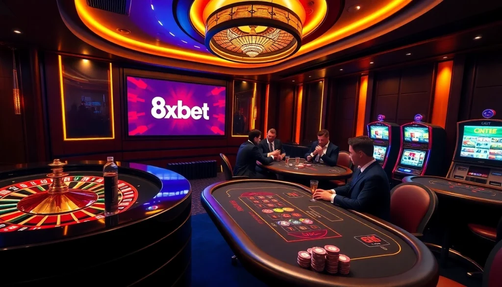 Experience thrilling casino action at 8xbet with illuminated roulette wheel and poker gameplay.