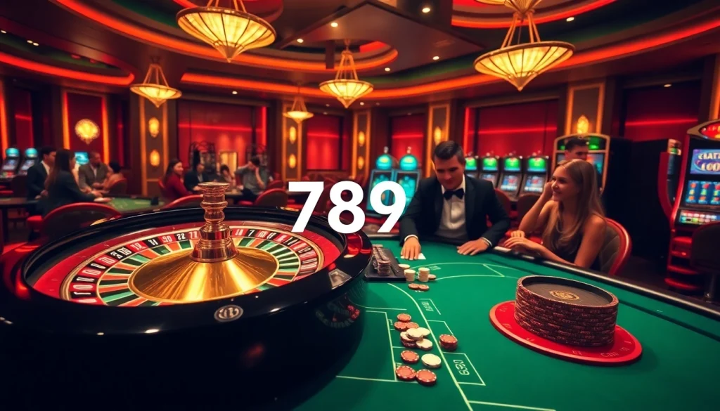Experience the thrill of 789CLUB with excited gamblers enjoying roulette and poker in a luxurious casino.