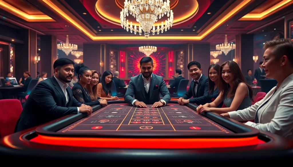 에볼루션 바카라의 세련된 테이블과 분위기 있는 카지노 환경을 보여줍니다.