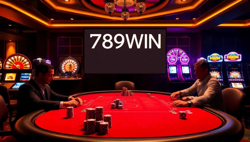 Players enjoying high-stakes poker at 789WIN casino featuring elegant design and vibrant ambiance.