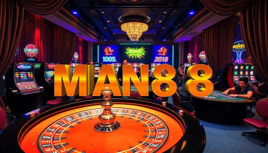 Experience thrilling gaming at Man88's casino with vibrant roulette tables and excited players.