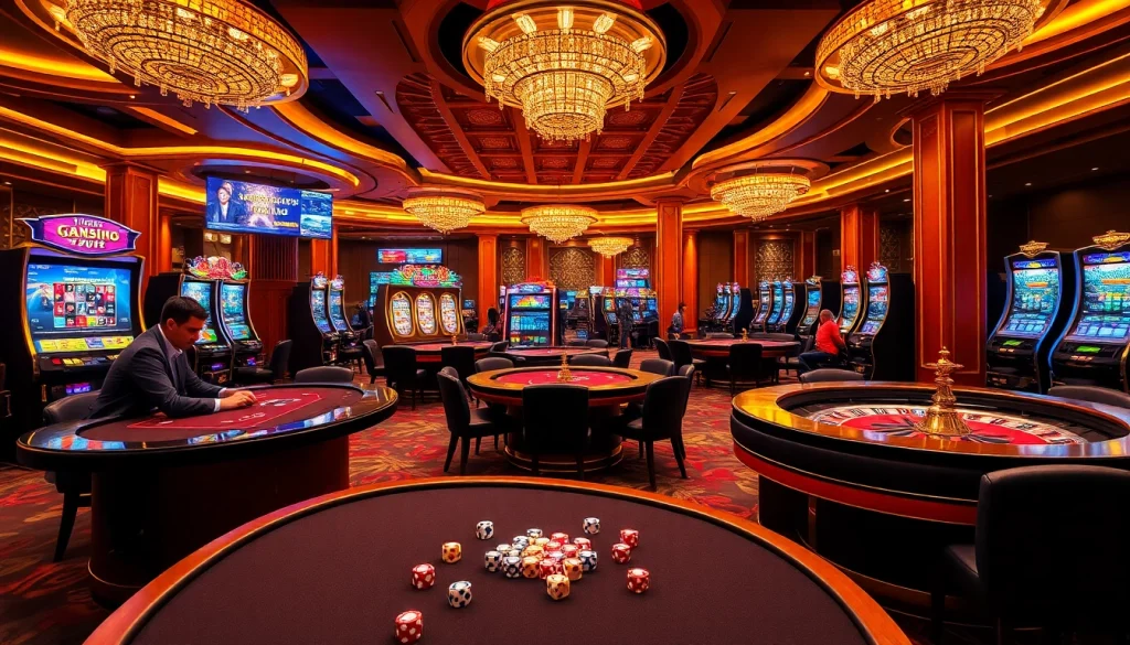 Engaging casino scene featuring poker players and vibrant slots, highlighting ok8386 in luxury gameplay.