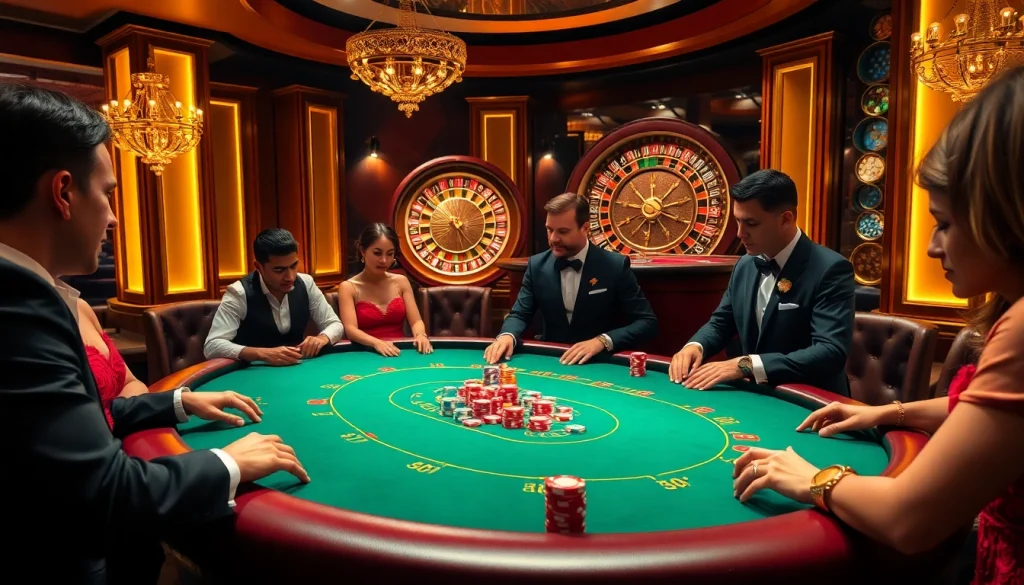 Experience high-stakes excitement at king33 poker tables with vibrant chips and illuminated ambiance.