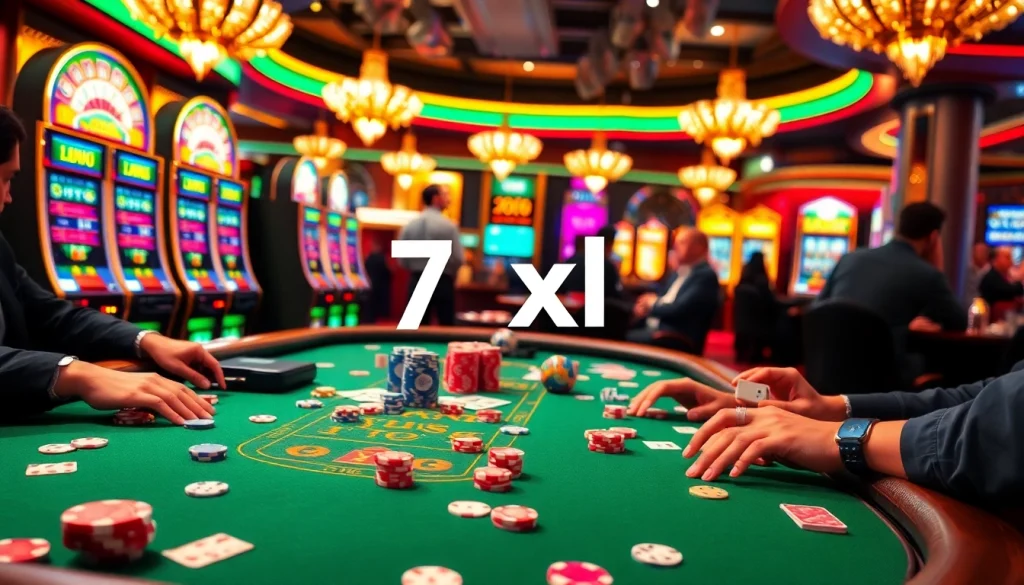 סצנת משחק מרגשת המציגה את 7xl להורדה באווירה קזינו תוססת עם פוקר וסלוטים.
