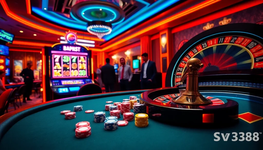 Action-packed casino scene featuring sv388-themed poker table and vibrant slot machines.