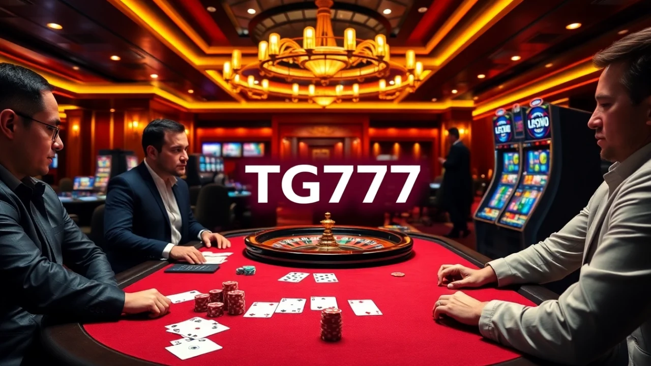 Experience the thrill of TG777 with vibrant casino visuals featuring poker, roulette, and slots.