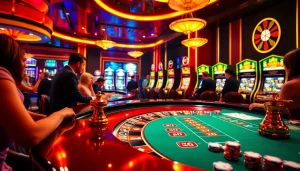 Engaging scene at the casino featuring a roulette table and vibrant slot machines at https://1haywin.us.com/