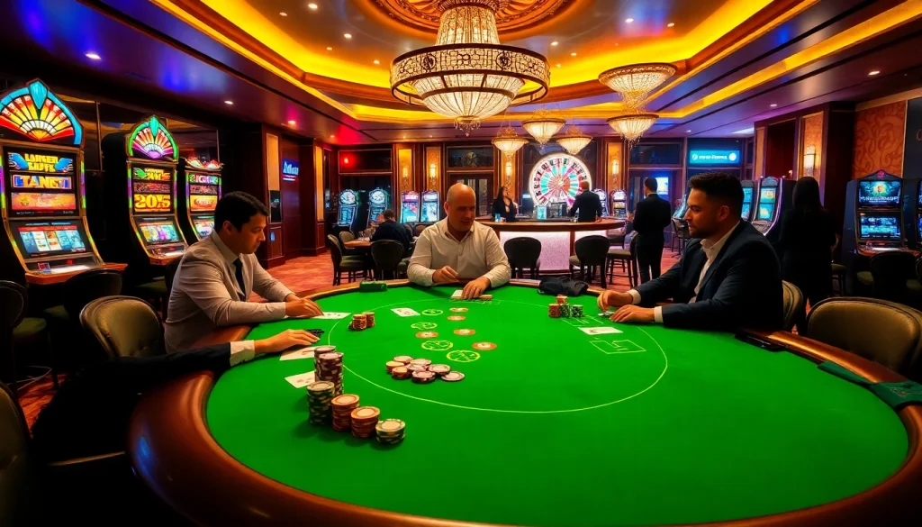 Players engage in high-stakes poker at an 88i casino table, surrounded by vibrant slot machines.