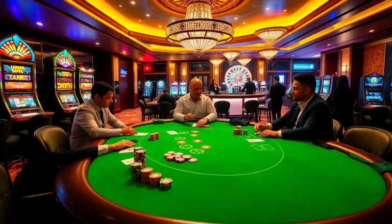 Players engage in high-stakes poker at an 88i casino table, surrounded by vibrant slot machines.