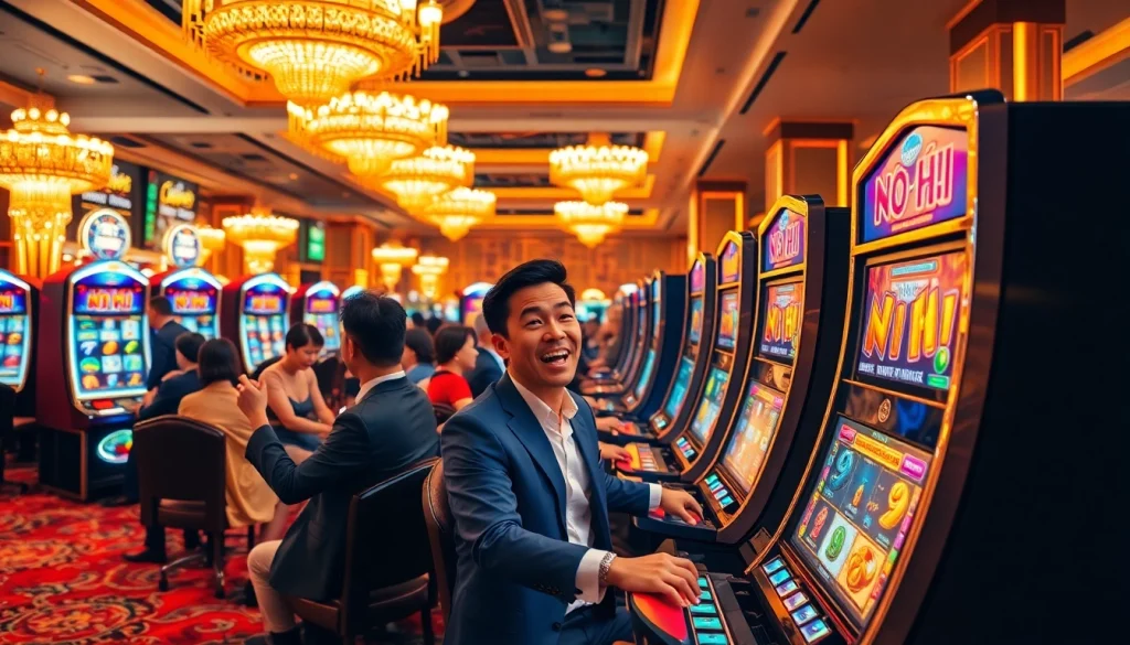 Nổ Hũ players spinning vibrant slot machines in an exciting casino atmosphere.