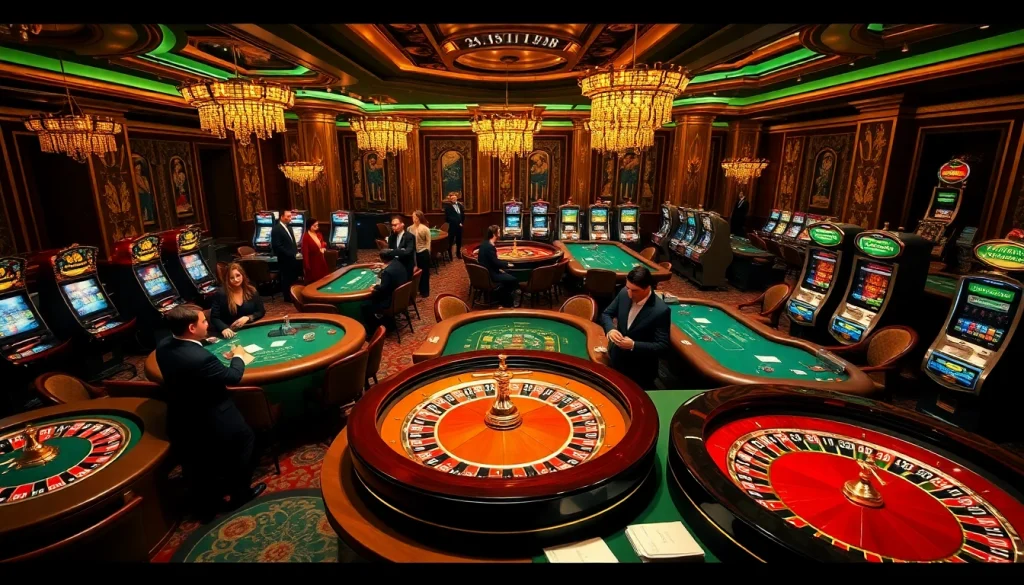 Cảnh sòng bạc sống động với người chơi đang tham gia các trò chơi tại 24kclub, nổi bật với bánh xe roulette và bàn poker.
