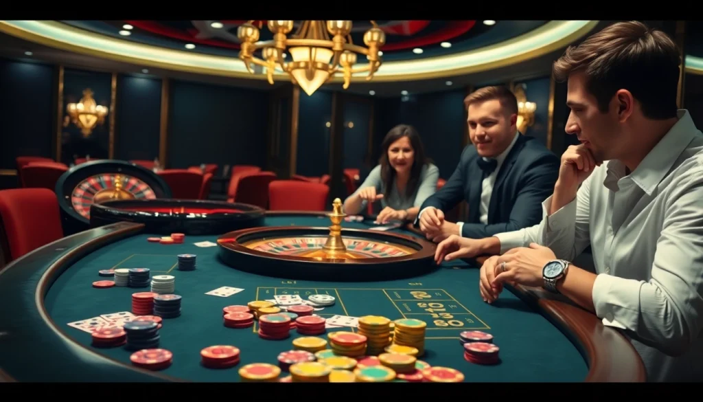 S8 casino scene with vibrant chips, cards, and a roulette wheel in an elegant setting.