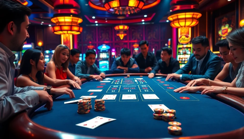 Xóc đĩa players engaging with vibrant casino atmosphere and betting slips