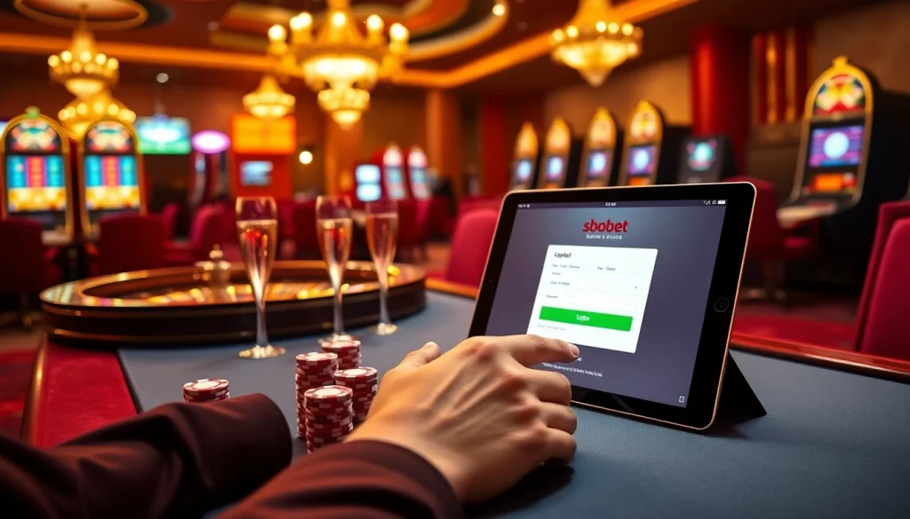Accessing sbobet login with a luxurious casino backdrop featuring poker chips and a roulette wheel.