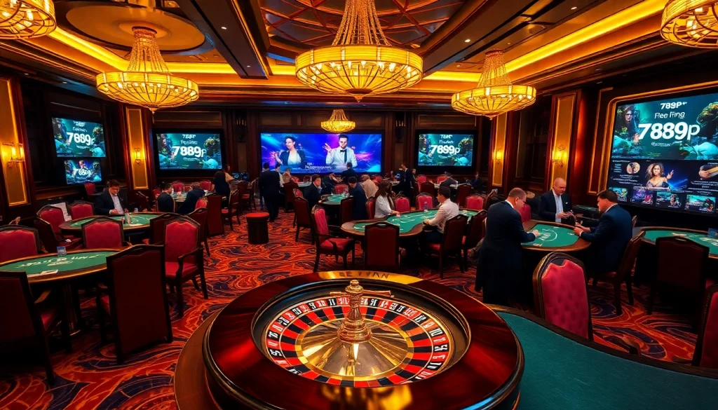 A lively casino scene featuring diverse players engaging in games at 789p with roulette, poker chips, and vibrant decor.