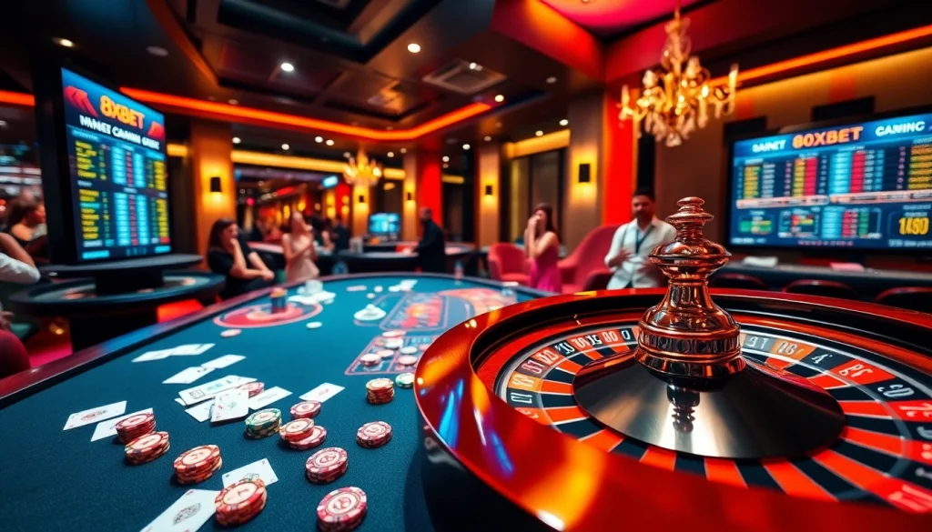 8xbet casino scene showcasing thrilling poker action with vibrant colors and excitement.
