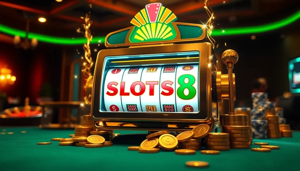 SLOTS8 slot machine surrounded by poker chips and roulette wheel, creating a vibrant casino atmosphere.
