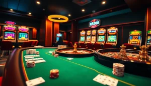 Exciting RR88 casino scene featuring poker chips, cards, and roulette wheel under warm lighting.