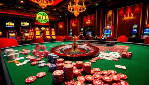 Experience the thrill of gambling at F168 with colorful poker chips and a dazzling roulette wheel.