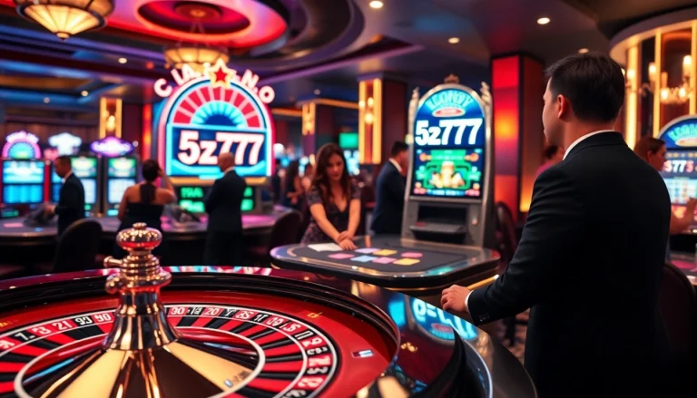 Exciting casino scene featuring the number 5z777 on a slot machine, with players enjoying the thrill of gambling.