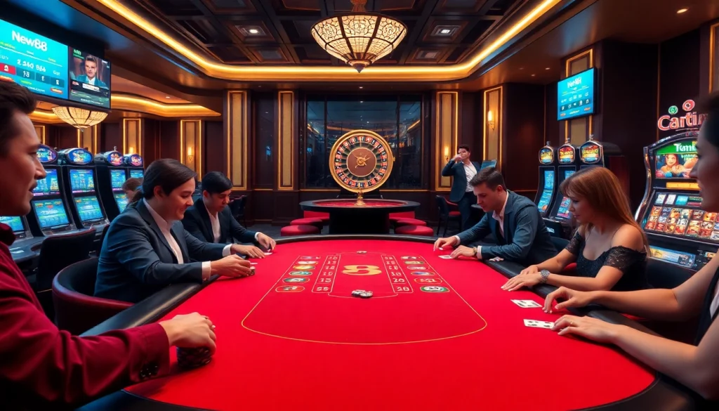Players engaged in exciting poker games at new88's luxurious casino table.