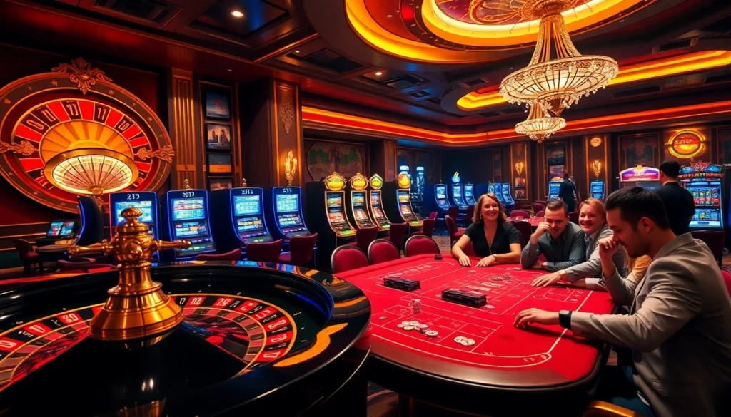 Exciting casino scene at https://789club.quest/ featuring colorful slot machines and players at a roulette table.