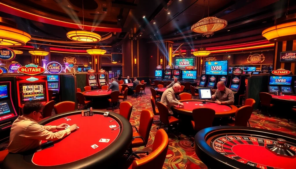 Experience thrilling gambling action at LV88's vibrant online casino with poker tables and slot machines.
