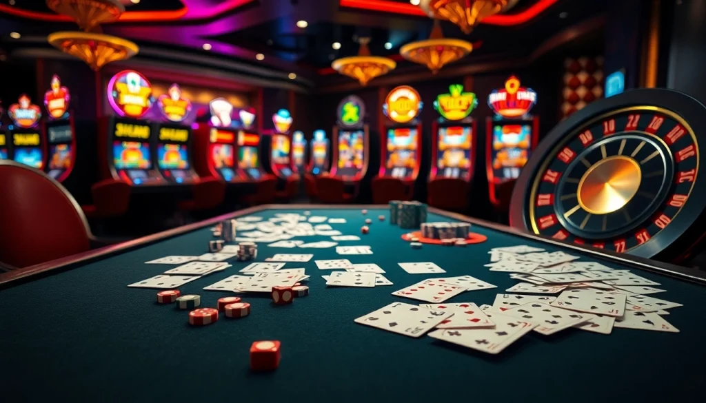 Exciting gambling scene at Nhà cái ABC8 with cards, chips, and roulette wheel.