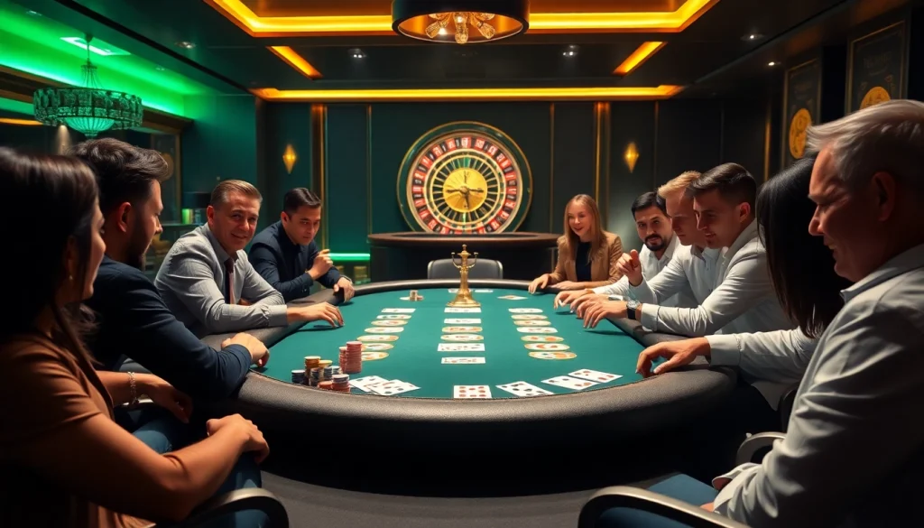 Players enjoy an exciting game at Man88's vibrant poker table in a luxurious casino.