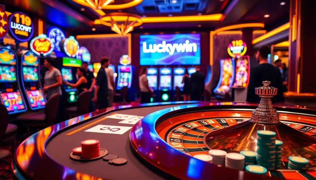 Engaged gamblers playing at a luxurious casino table showcasing Luckywin excitement