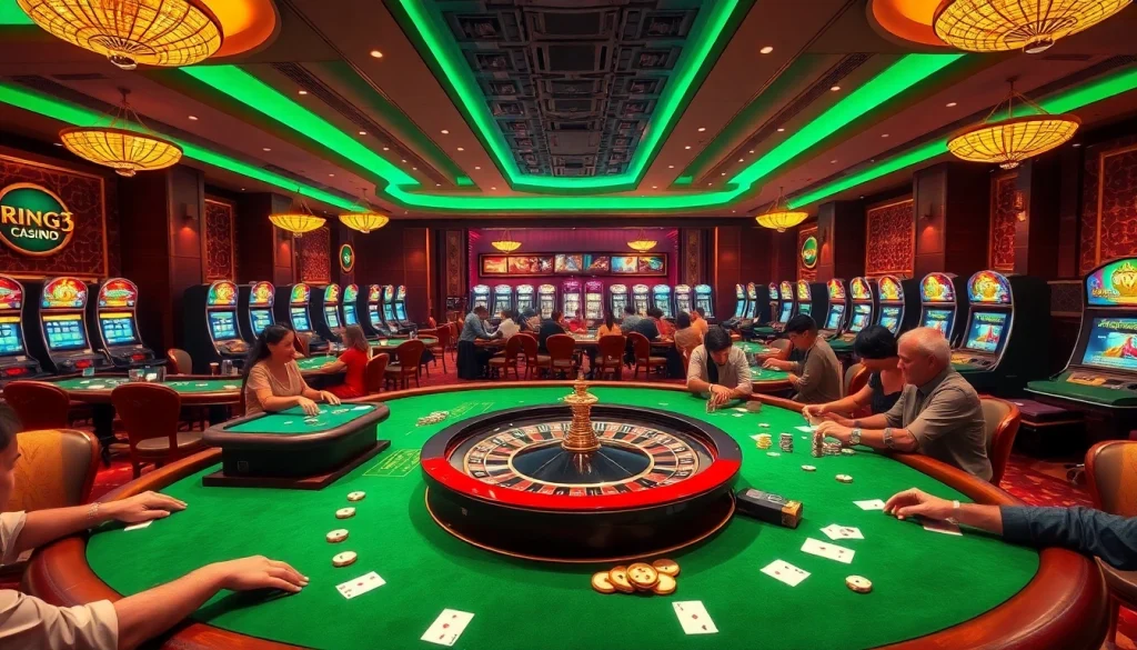 Gambling excitement at king33 casino tables with poker players and luxury slot machines.