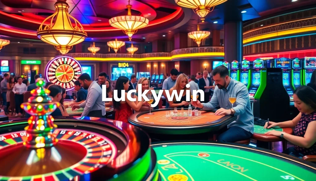 Experience thrilling gaming action at Luckywin's vibrant casino featuring roulette and slot machines.