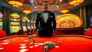 Experience thrilling gaming action at https://rr88co.net/ with a luxurious casino setting featuring poker chips and cards.