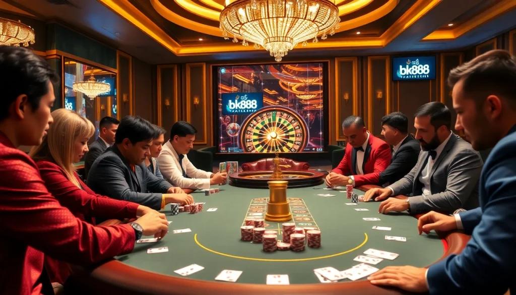 Players engaging in a high-stakes poker game at bk888 casino, featuring vibrant chips and a luxurious atmosphere.