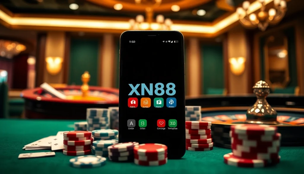 Experience the xn88 app displayed on a smartphone, surrounded by casino elements for engaging online gaming.