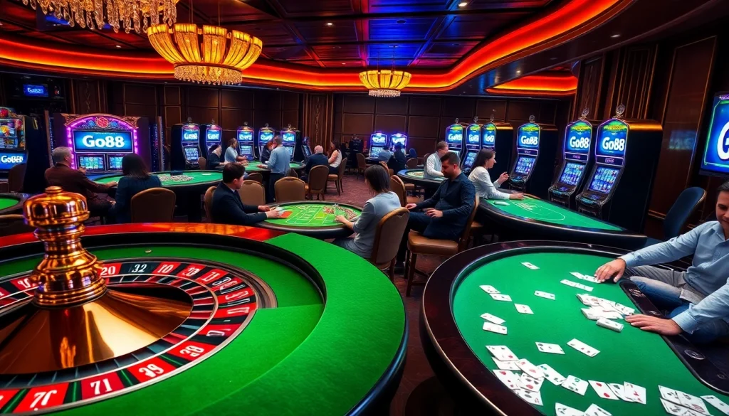 Engage with Go88's luxury online gaming experience featuring poker chips and a roulette wheel.