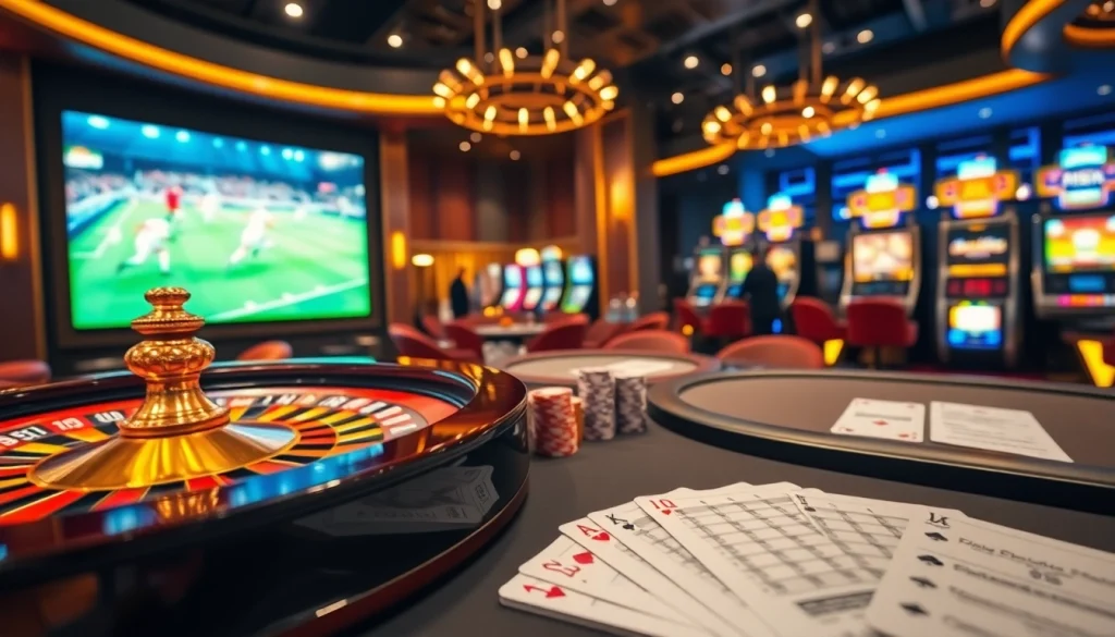 Exciting scene of แทงบอล betting with vibrant tables, live matches, and casino action.
