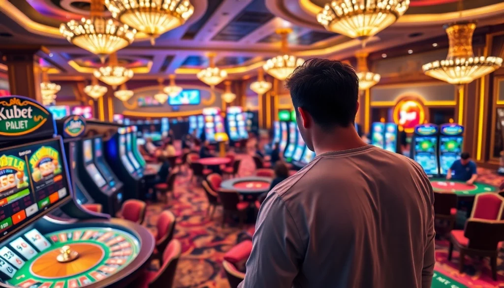 Kubet players experiencing excitement at a vibrant casino with slot machines and roulette tables.