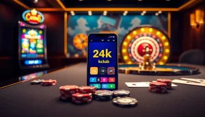 Engage with the app 24kclub on a modern casino table featuring vibrant poker chips and slot machines.