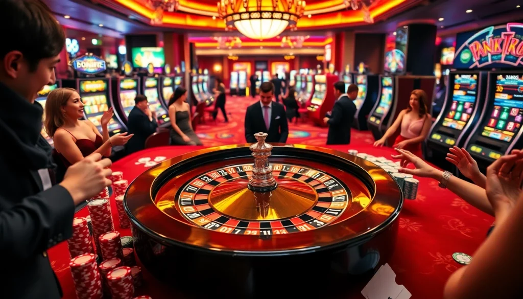 Excited players celebrating a win at apiraja88 casino with colorful slot machines and poker cards.