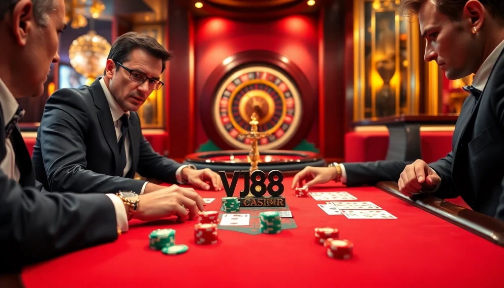 VJ88 poker players strategizing at an opulent table, showcasing excitement and luxury in a casino setting.