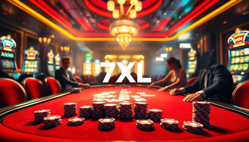 Savvy players enjoying a game of poker at a luxurious casino table featuring 7xl branding.